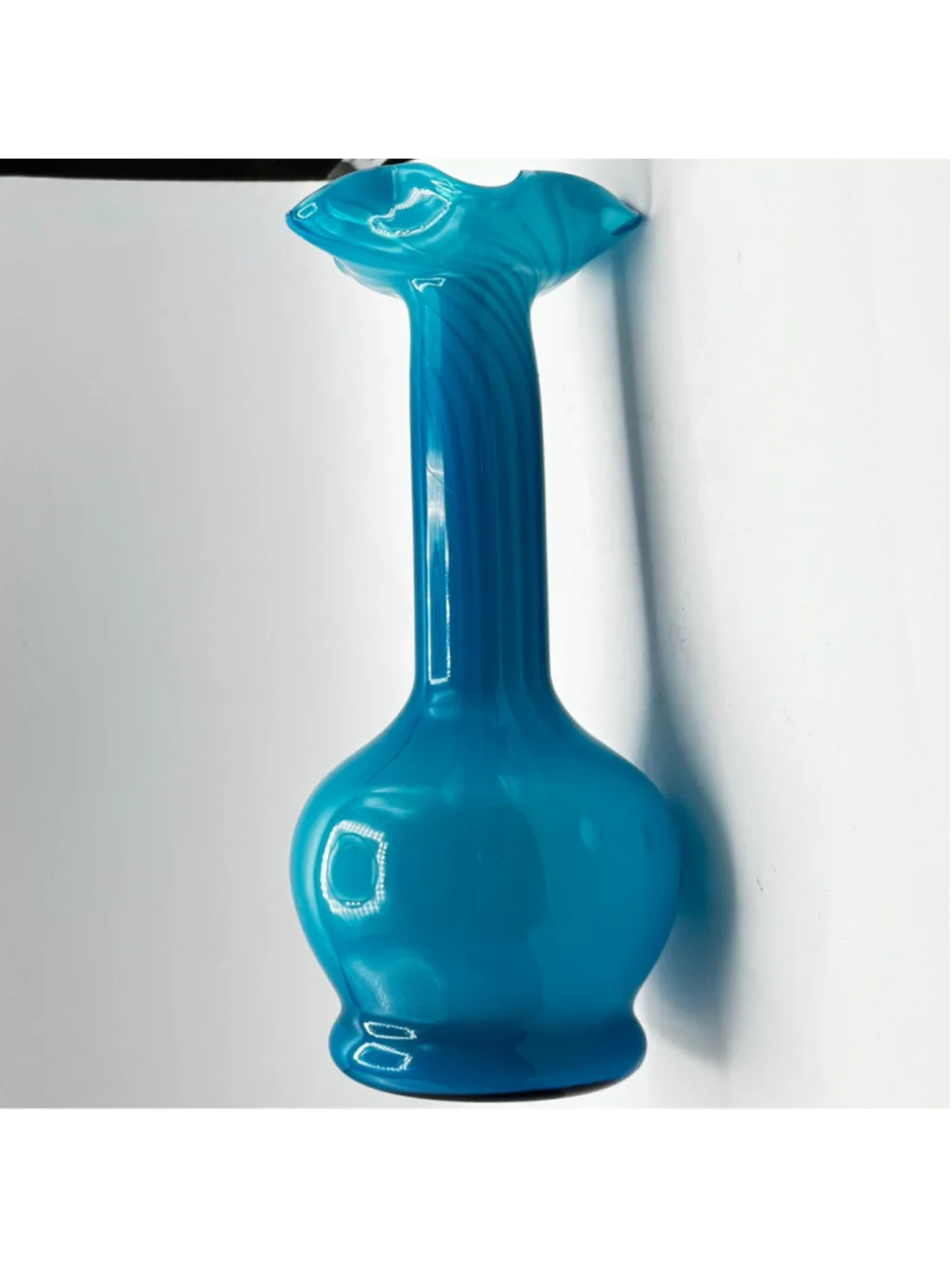 Hand Blown Glass Vase – Turquoise Aqua Spiral Optic Ruffled Rim 9”
